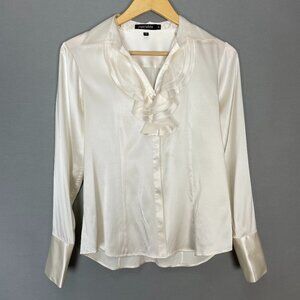 Paperwhite Silk Blouse Stretch Cream White Size 4 Top Ruffle Collar‎ Button-Up